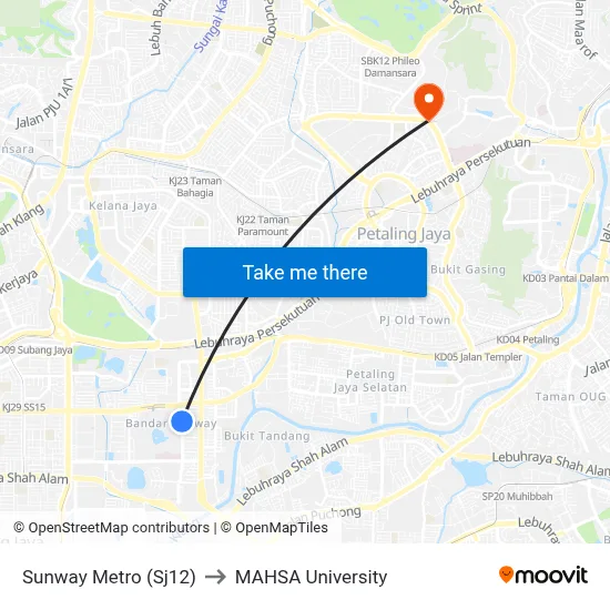 Sunway Metro (Sj12) to MAHSA University map