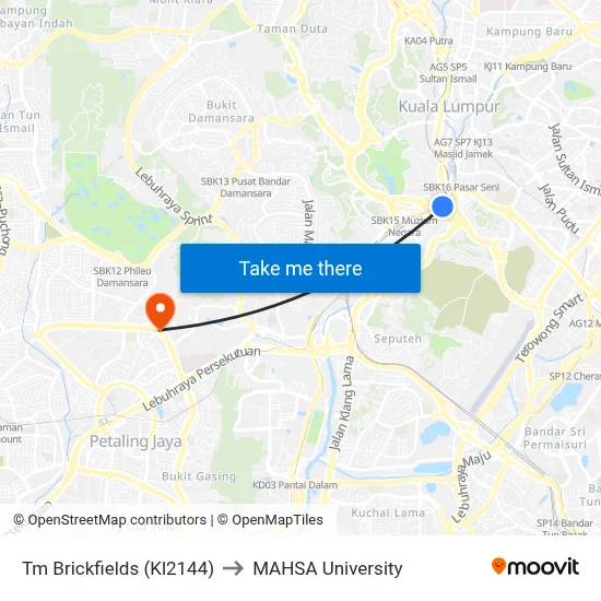 Tm Brickfields (Kl2144) to MAHSA University map