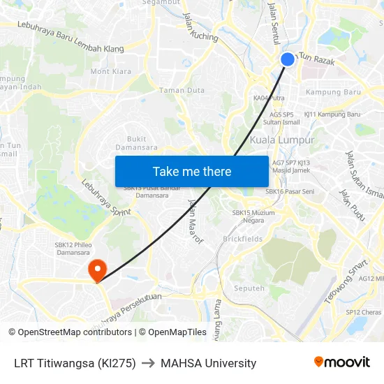 LRT Titiwangsa (Kl275) to MAHSA University map