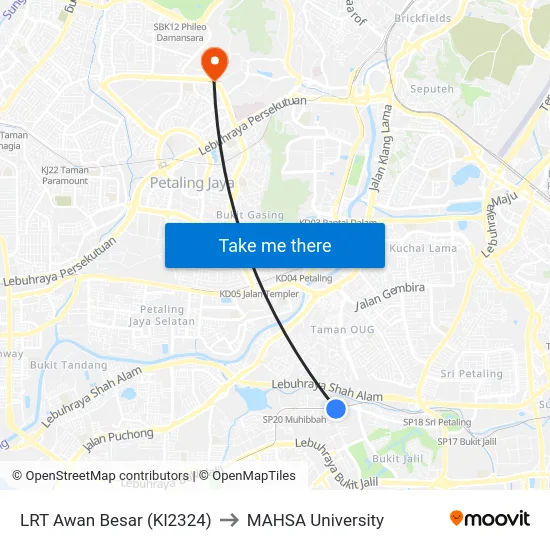 LRT Awan Besar (Kl2324) to MAHSA University map