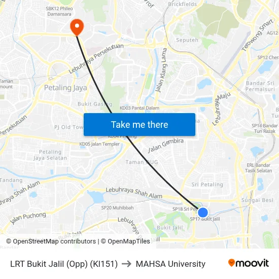 LRT Bukit Jalil (Opp) (Kl151) to MAHSA University map