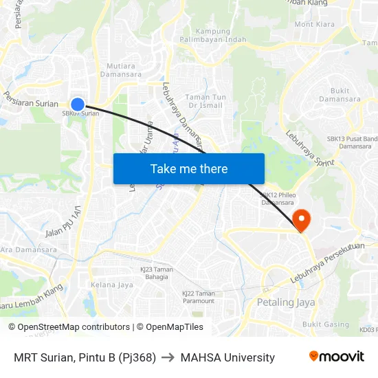 MRT Surian, Pintu B (Pj368) to MAHSA University map