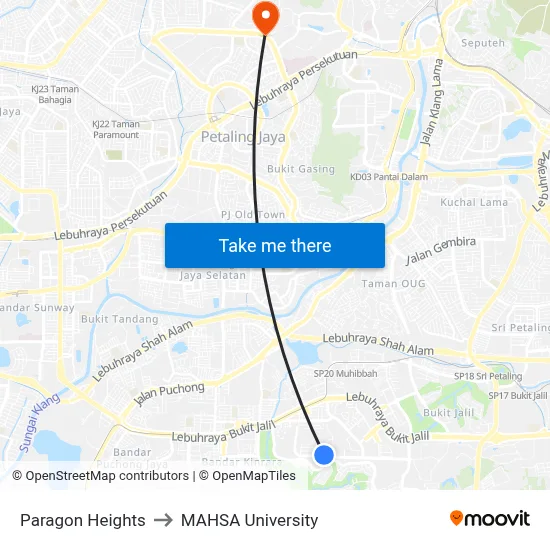 Paragon Heights to MAHSA University map