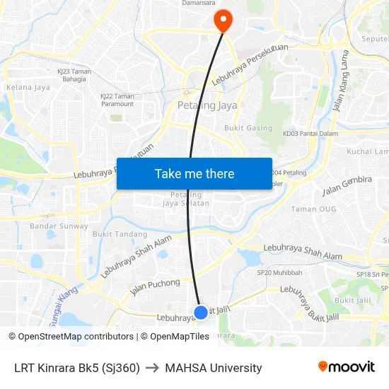 LRT Kinrara Bk5 (Sj360) to MAHSA University map