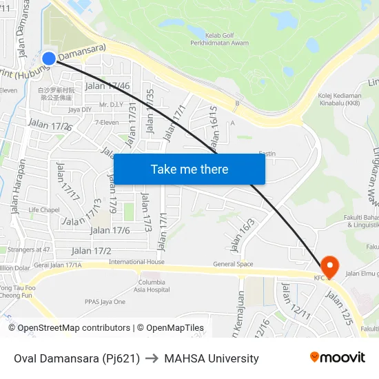Oval Damansara (Pj621) to MAHSA University map