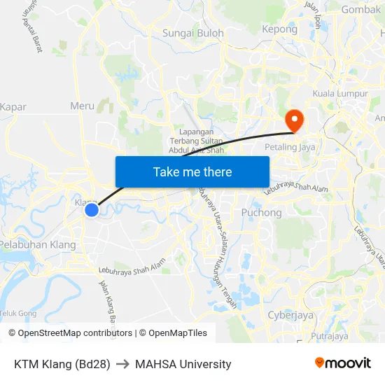 KTM Klang (Bd28) to MAHSA University map