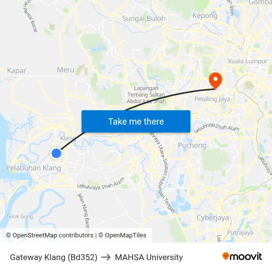 Gateway Klang (Bd352) to MAHSA University map