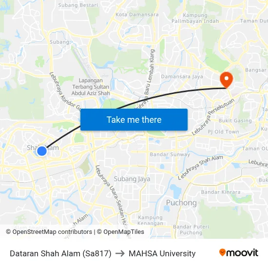 Dataran Shah Alam (Sa817) to MAHSA University map