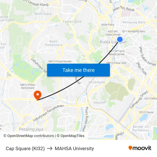 Cap Square (Kl32) to MAHSA University map