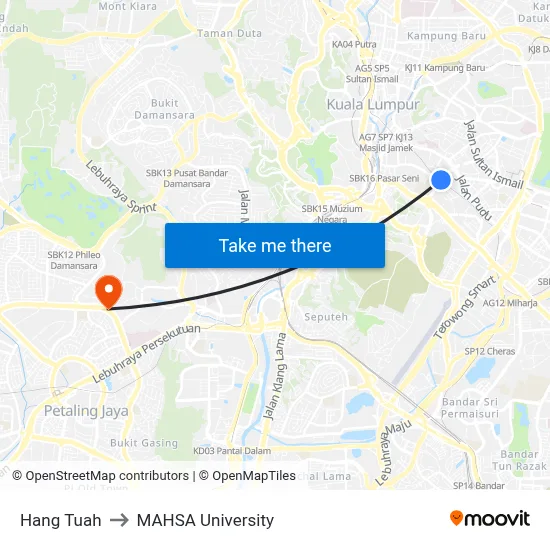 Hang Tuah to MAHSA University map