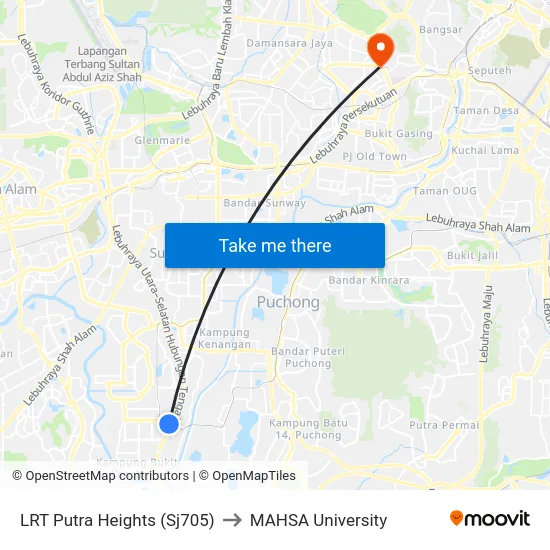 LRT Putra Heights (Sj705) to MAHSA University map