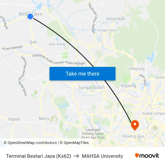 Terminal Bestari Jaya (Ks62) to MAHSA University map