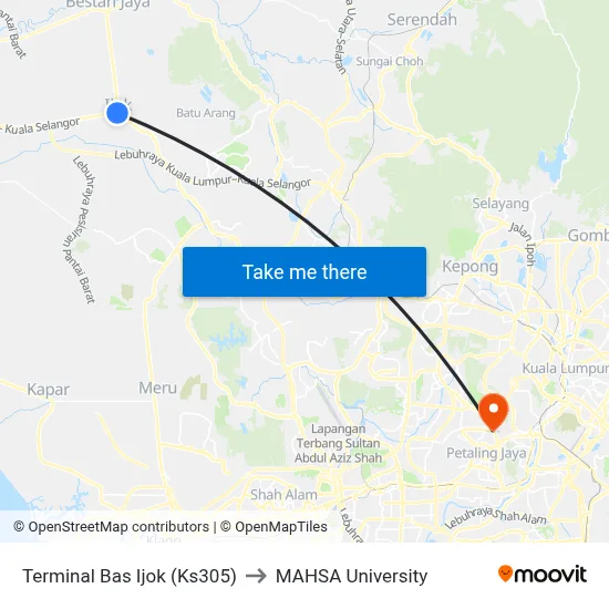 Terminal Bas Ijok (Ks305) to MAHSA University map