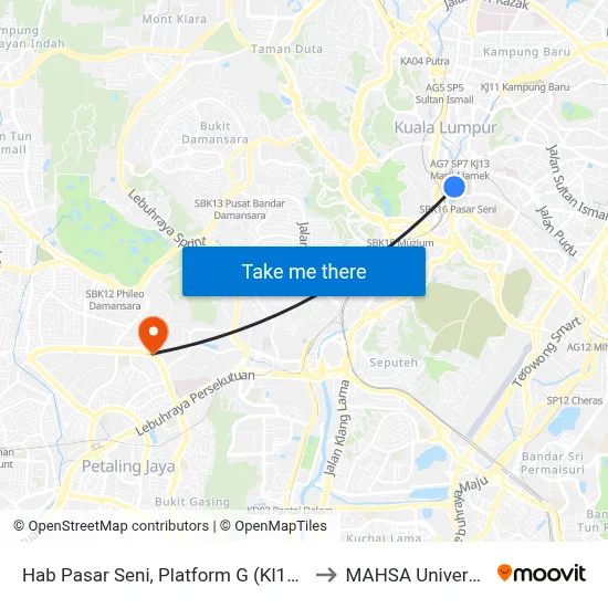 Hab Pasar Seni, Platform G (Kl1596) to MAHSA University map