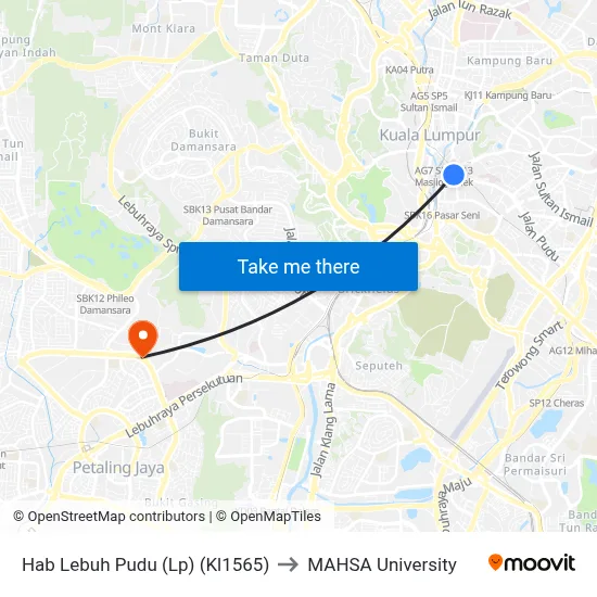 Hab Lebuh Pudu (Lp) (Kl1565) to MAHSA University map
