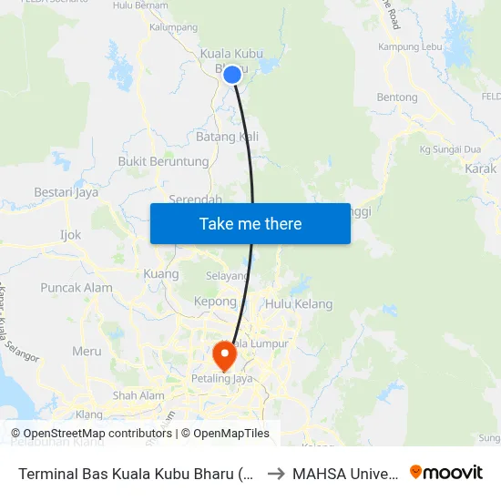 Terminal Bas Kuala Kubu Bharu (Hs170) to MAHSA University map