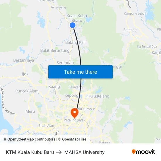 KTM Kuala Kubu Baru to MAHSA University map
