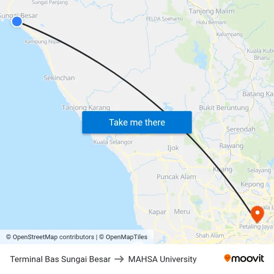 Terminal Bas Sungai Besar to MAHSA University map