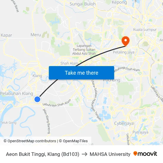 Aeon Bukit Tinggi, Klang (Bd103) to MAHSA University map