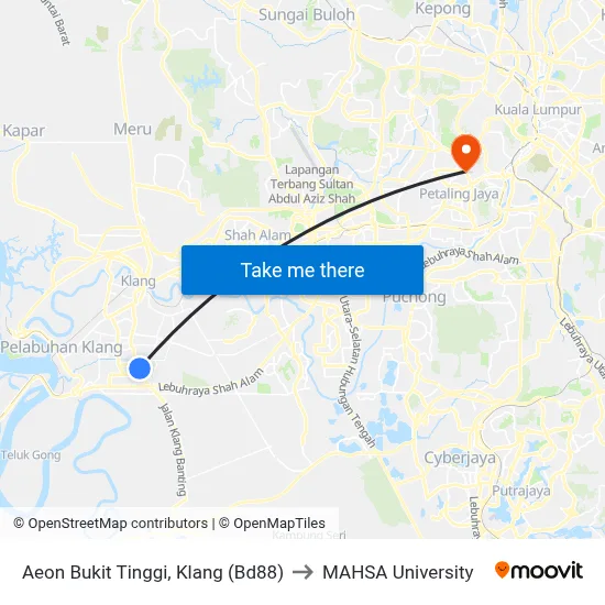 Aeon Bukit Tinggi, Klang (Bd88) to MAHSA University map