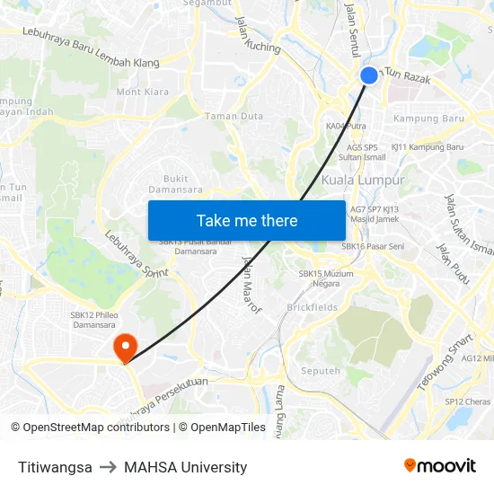 Titiwangsa to MAHSA University map