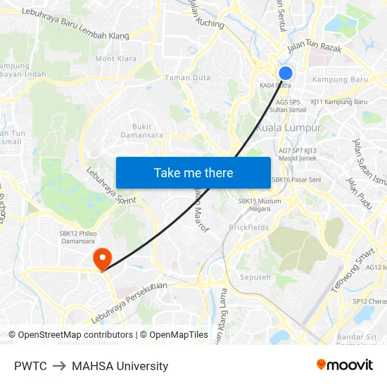 PWTC to MAHSA University map