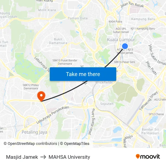 Masjid Jamek to MAHSA University map