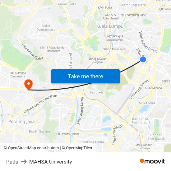 Pudu to MAHSA University map