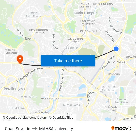 Chan Sow Lin to MAHSA University map