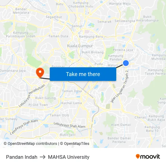 Pandan Indah to MAHSA University map