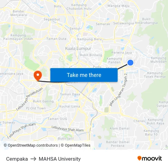 Cempaka to MAHSA University map