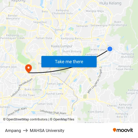 Ampang to MAHSA University map