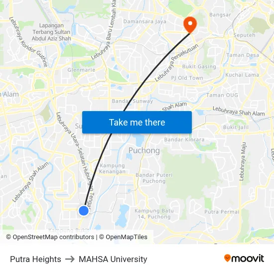 Putra Heights to MAHSA University map