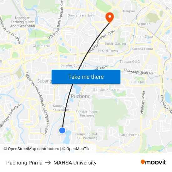 Puchong Prima to MAHSA University map