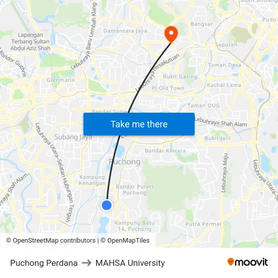 Puchong Perdana to MAHSA University map
