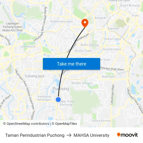 Taman Perindustrian Puchong to MAHSA University map