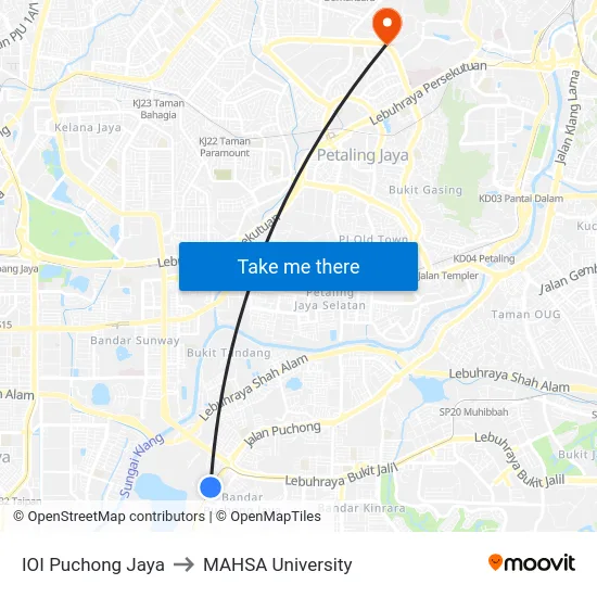 IOI Puchong Jaya to MAHSA University map