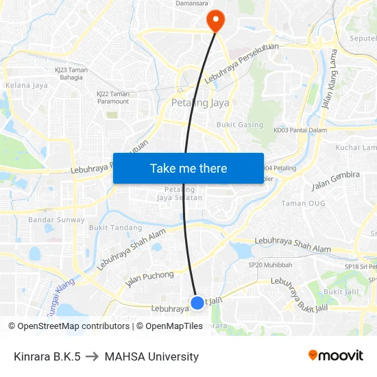 Kinrara B.K.5 to MAHSA University map
