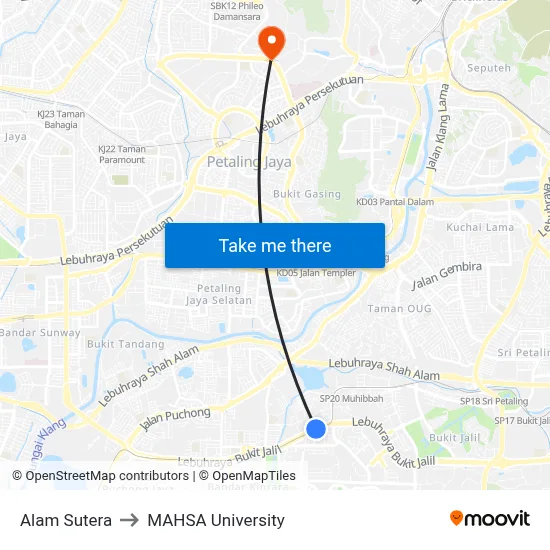 Alam Sutera to MAHSA University map