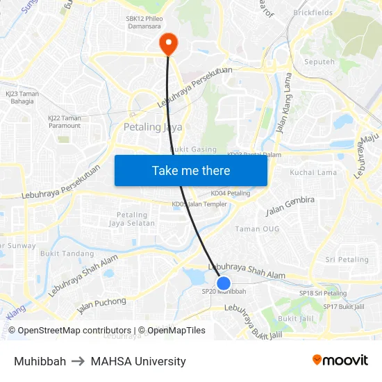 Muhibbah to MAHSA University map