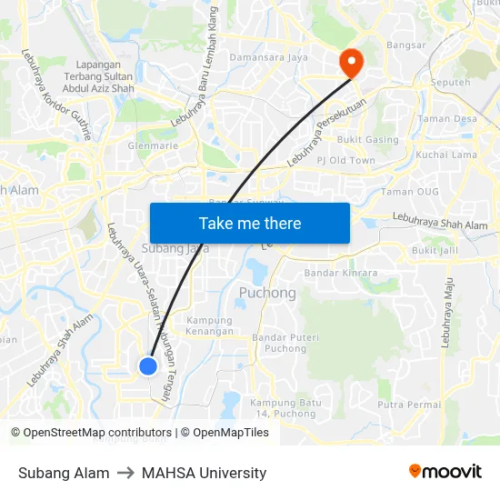 Subang Alam to MAHSA University map