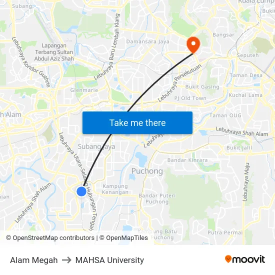 Alam Megah to MAHSA University map