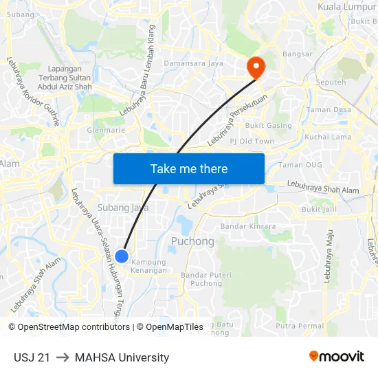 USJ 21 to MAHSA University map