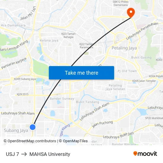 USJ 7 to MAHSA University map