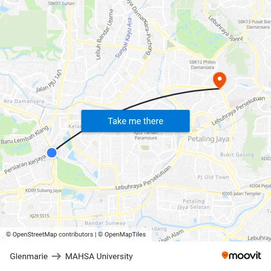Glenmarie to MAHSA University map