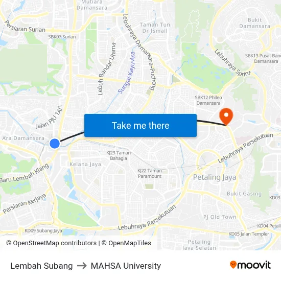 Lembah Subang to MAHSA University map