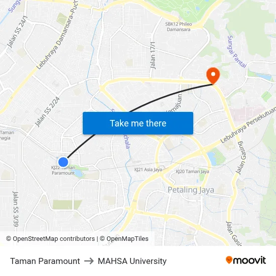 Taman Paramount to MAHSA University map