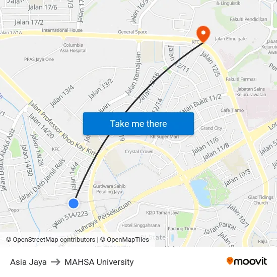 Asia Jaya to MAHSA University map