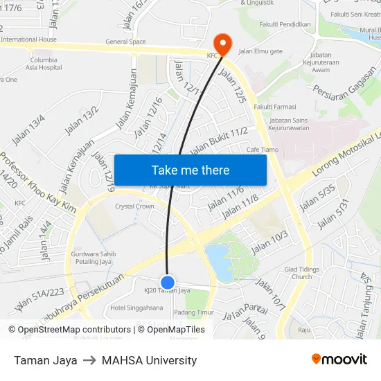 Taman Jaya to MAHSA University map