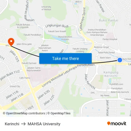 Kerinchi to MAHSA University map
